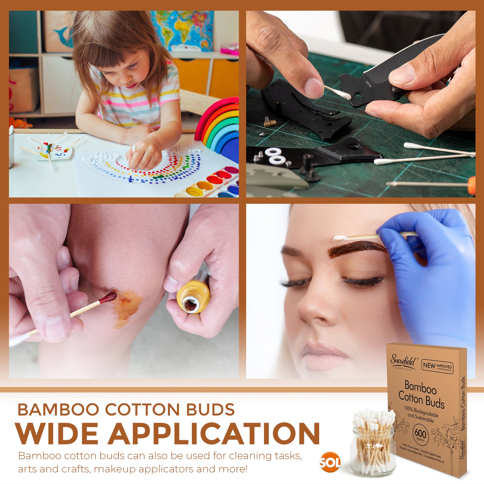 600 Biodegradable Bamboo Cotton Swabs - Eco-Friendly Wooden Makeup Ear Buds, Vegan Certified