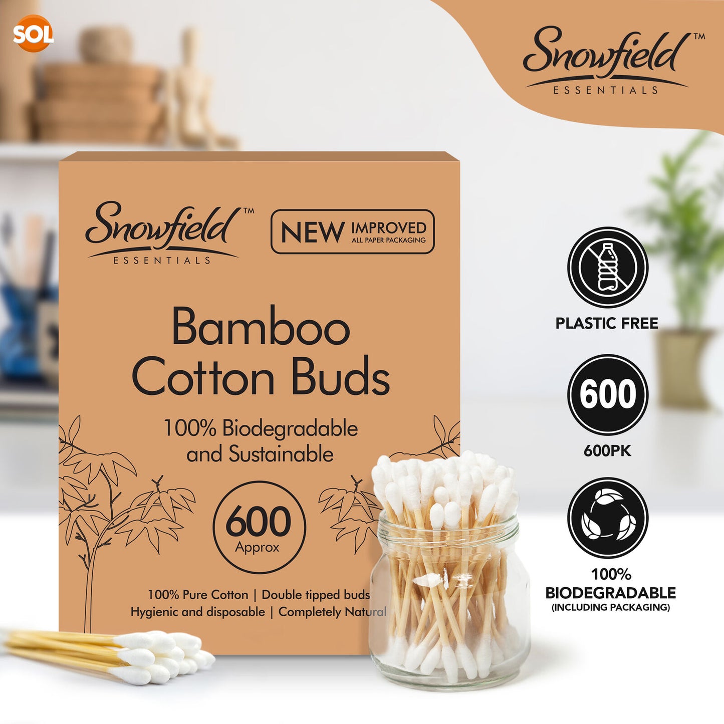600 Biodegradable Bamboo Cotton Swabs - Eco-Friendly Wooden Makeup Ear Buds, Vegan Certified