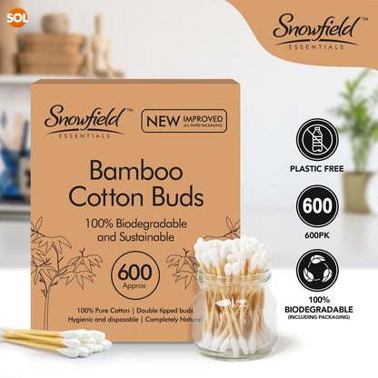 600 Biodegradable Bamboo Cotton Swabs - Eco-Friendly Wooden Makeup Ear Buds, Vegan Certified