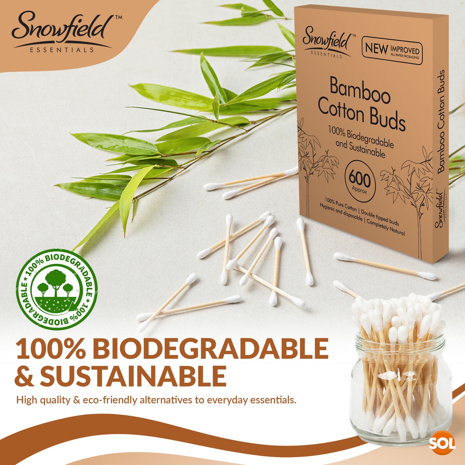 600 Biodegradable Bamboo Cotton Swabs - Eco-Friendly Wooden Makeup Ear Buds, Vegan Certified