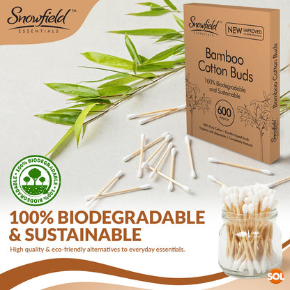 600 Biodegradable Bamboo Cotton Swabs - Eco-Friendly Wooden Makeup Ear Buds, Vegan Certified