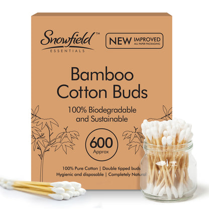 600 Biodegradable Bamboo Cotton Swabs - Eco-Friendly Wooden Makeup Ear Buds, Vegan Certified